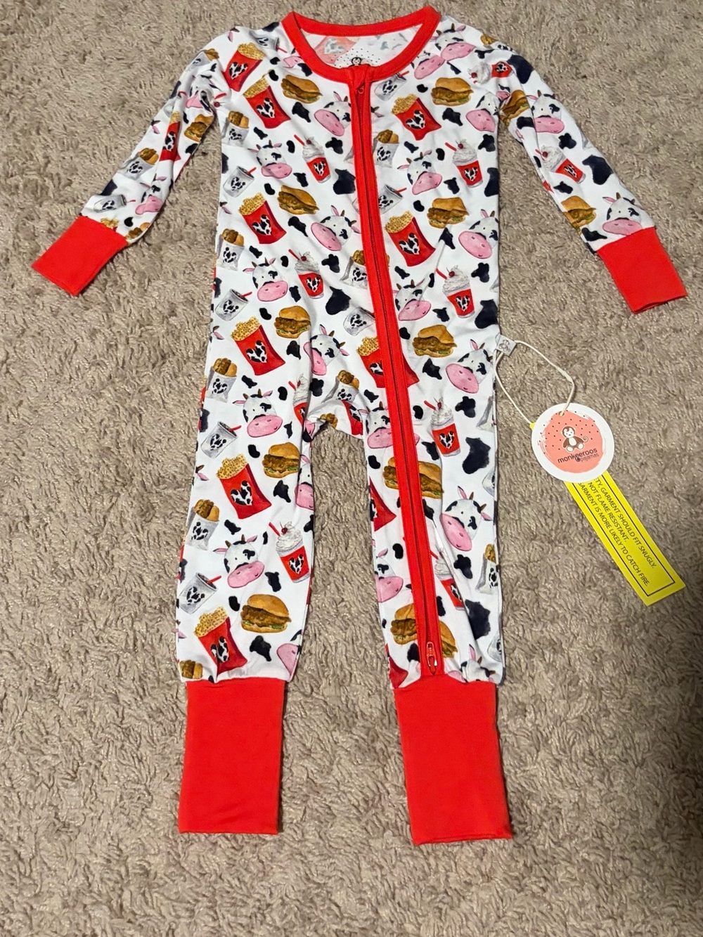 Monkeeroos Bamboo Cow Fast Food Zippy Pajamas 6-12M NWT